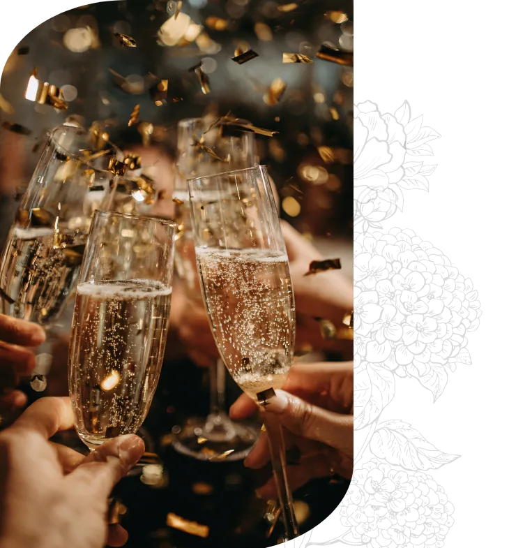 Guests raising champagne glasses in a toast